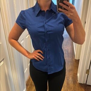 New York & Company Blue Fitted Button Down Shirt Small
